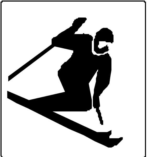 The black and white silhouette of a person skiing downhill with skis on their feet against an icon indicating that it is for children only.