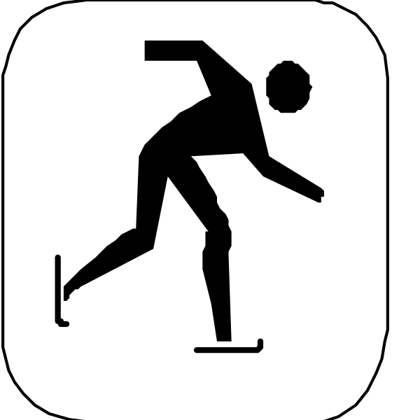 The image shows a black icon with white silhouettes of an athlete on skis jumping over two hurdles in mid-air against a background that resembles snowy ground.