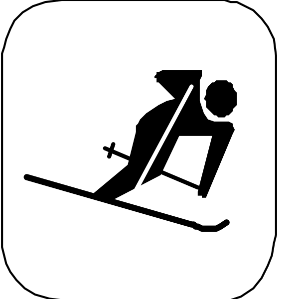 The icon shows a person skiing downhill with skis on their feet against an icy background; there is also text that reads "SKIING" in bold letters above them. Below this image of someone skiing, two smaller images depict different types or styles of ski equipment: one showing cross-country skis and the other a pair of downhill (alpine) skis with bindings attached to boots for securing feet on the skis while descending slopes at high speeds.