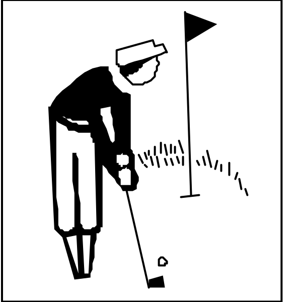 The image shows a black and white illustration of two scenes: on top is an iconic golfer silhouette in mid-swing with golf clubs; below it is another scene depicting a person playing pool, holding cue sticks while aiming at balls scattered across the table.