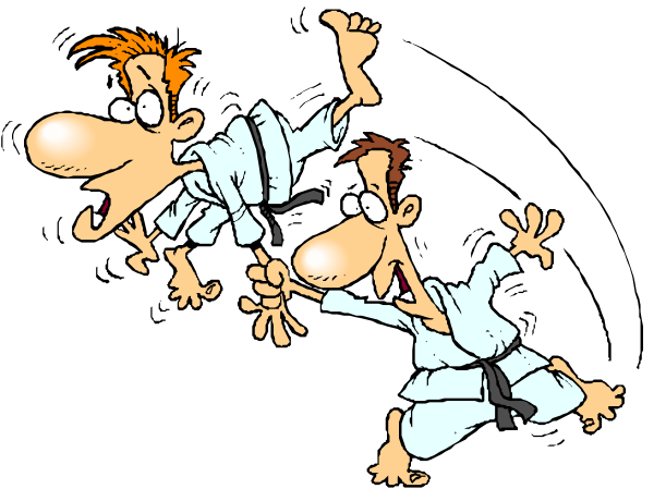 The cartoon shows a man with his arms tied behind him being held by another person who is standing on their hands while both characters appear to be in mid-air against an indistinct background.