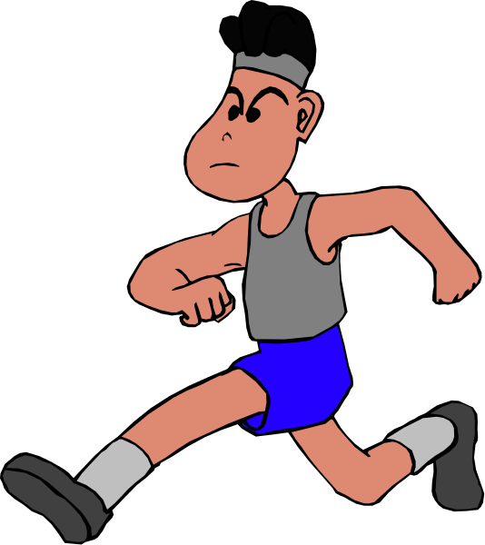 The cartoon shows a male figure running with his arms outstretched; he is wearing shorts and has dark hair.