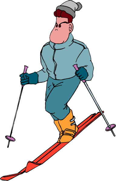 The image shows a cartoon of an adult male skier wearing winter gear on snowy terrain with ski poles.