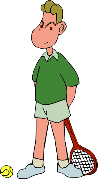 The image shows a cartoon of an animated boy standing with his back to us holding a tennis racket; he is wearing shorts and has short hair.