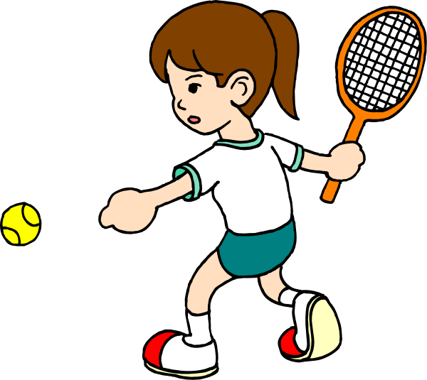 The cartoon shows a young girl playing tennis with two sports balls on either side of her; she is holding an orange racket in both hands while running towards one ball.