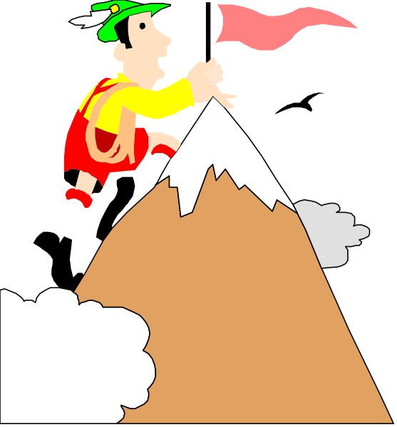 The illustration depicts a cartoon character on top of an illustrated mountain peak with clouds around it; below is another figure holding out what appears to be a red flag while standing in front of two mountains against a clear sky background, suggesting adventure and exploration themes.