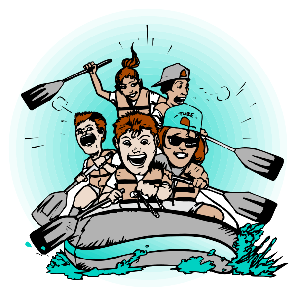 The illustration shows a group of four animated characters on an inflatable raft with paddles, wearing life jackets; one character is holding up their fist in triumph while another has sunglasses pushed onto head and appears to be laughing maniacally. They're surrounded by water that looks like it could have waves or rapids beneath them.