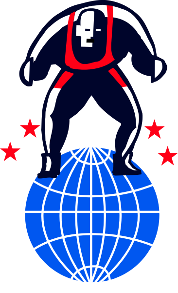 The logo features a stylized globe with an astronaut on top of it holding onto stars that represent countries around the world; there's also a shield in front of the globe displaying three red stripes and two crossed swords, symbolizing power or authority within this organization.