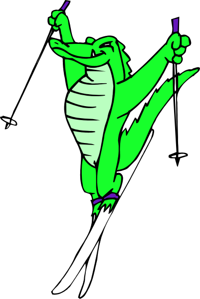 The image shows a cartoon alligator character with an exaggeratedly long tail holding two knives while standing on its hind legs in front of what appears to be a black background.