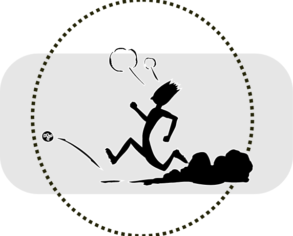 The black and white silhouette of a person running with an object above them on what appears to be a track or pathway in front of some rocks.