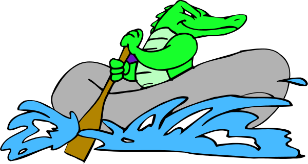 The cartoon depicts an alligator riding a boat with waves around it on water.