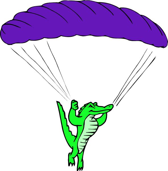 The image shows a cartoon of an alligator with its mouth open under two different umbrellas: on top is purple, while below it's black; both have white trim around their edges.
