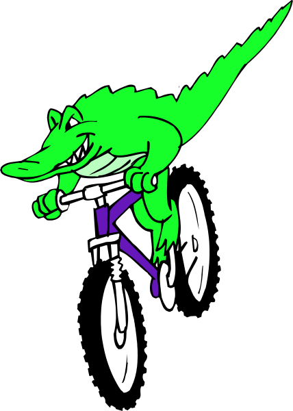 The image shows a cartoon alligator riding on top of an unicycle with wheels visible beneath it against a black background.