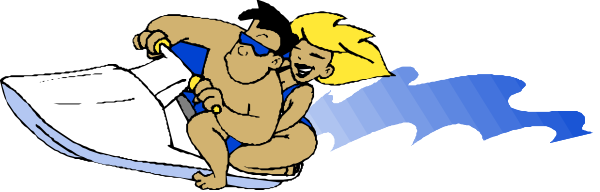 The image shows two animated characters riding a surfboard on water with waves around them; there is no text present within this small clip-art illustration.