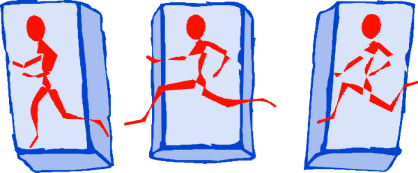 The image shows a sequence of four panels with stick figure characters running from left to right across them against different backgrounds: first panel is black; second has red squares on it; third features blue rectangles, and fourth displays green triangular shapes.