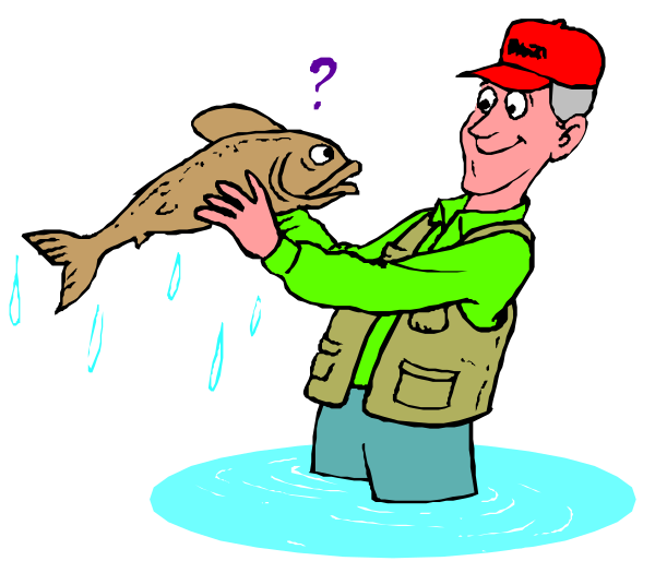 The cartoon depicts a man holding an oversized fish out of water while standing on land with raindrops falling around him; he is wearing a red cap, green vest over blue shirt, khaki pants and boots, and has fishing gear in his hands.