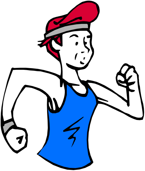 The black and white illustration shows a cartoon character running with their arms outstretched to maintain balance while wearing shorts and an athletic vest.