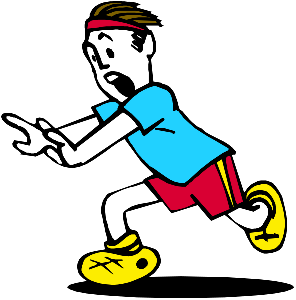 The image shows a cartoon of an animated character running with their arms outstretched for balance on what appears to be a track surface in front of them is another figure that seems surprised by something happening off-screen, indicated by wide eyes and open mouth.
