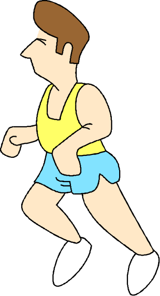 The image shows a cartoon of an animated man running with his arms outstretched against a black background.
