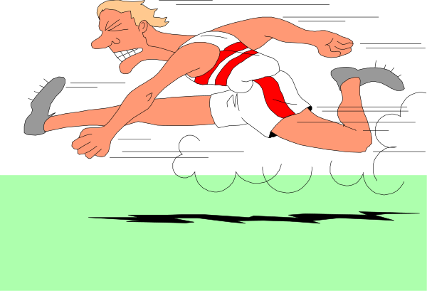 The image shows a cartoon of an athlete running with his arms outstretched on what appears to be a track.