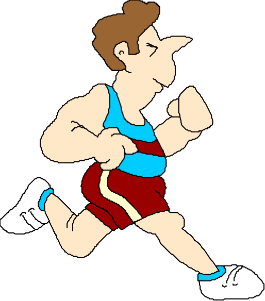 The image shows a cartoon of an animated male athlete running with his arms outstretched while wearing shorts and sneakers; he is depicted in mid-stride against a black background without any other objects present, focusing solely on him as the central figure within this small clip art illustration.