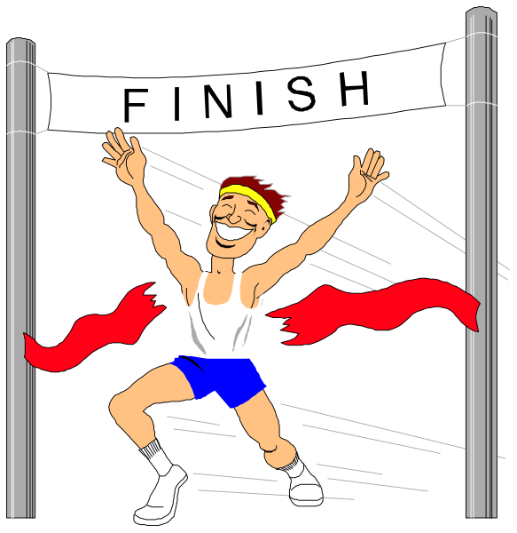 The image shows a cartoon of an athlete crossing the finish line at what appears to be a race event with two panels: one showing him running towards it while waving his arms in excitement; another depicting him having just crossed, celebrating by raising both hands and looking upwards as if he's won.