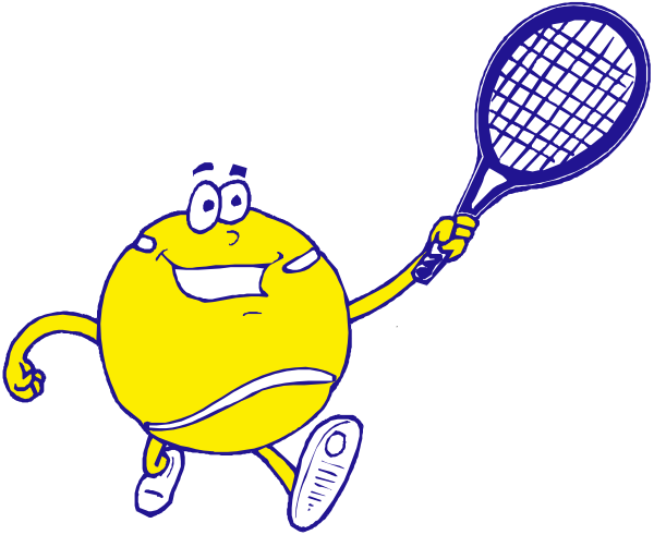 The cartoon depicts a yellow tennis ball character holding an oversized racquet with its right hand while standing on top of another smaller tennis racket in mid-air to create an illusion that it is floating, and there's no background detail provided for setting or context.
