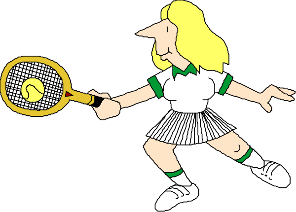 The cartoon shows a girl holding two tennis rackets crossed behind her back while standing on what appears to be an athletic field with grass in front of her; she is wearing shorts, sneakers, and has blonde hair tied up into pigtails.