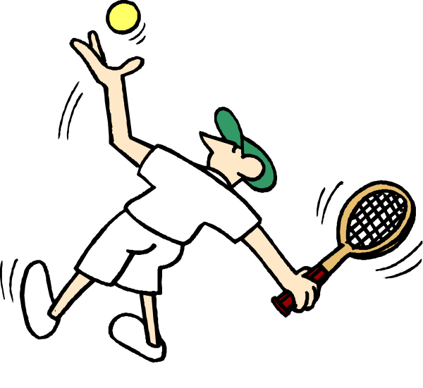 The black and white illustration shows a tennis player holding two rackets while jumping to hit an incoming ball with his racquet in hand.