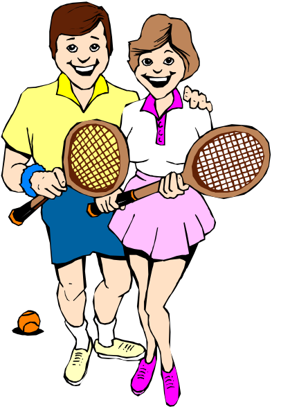 The illustration shows a man holding two tennis rackets standing next to a woman who is also posing with her racket behind them; both individuals appear happy as indicated by their smiles. They seem ready for play, dressed in sportswear and surrounded by what looks like an outdoor setting suitable for playing sports such as badminton or table tennis due to the presence of rackets.