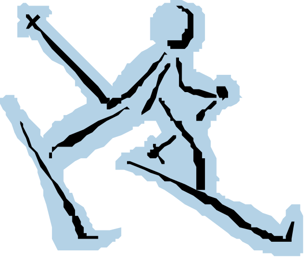 The image shows a black and white line drawing of two figures engaged in an activity that resembles skateboarding; one figure is standing on what appears to be a board with wheels attached while holding onto another object, possibly for balance or support, which could also serve as part of the equipment used.