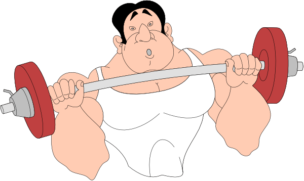 The cartoon shows a muscular man lifting weights with both hands on either side of an Olympic barbell while standing upright in front of it; he is wearing shorts and has short hair.