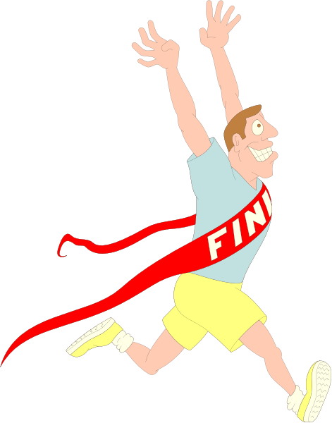 The cartoon shows a man running with his arms outstretched; he is wearing shorts and has a red ribbon around him that says "FINI".