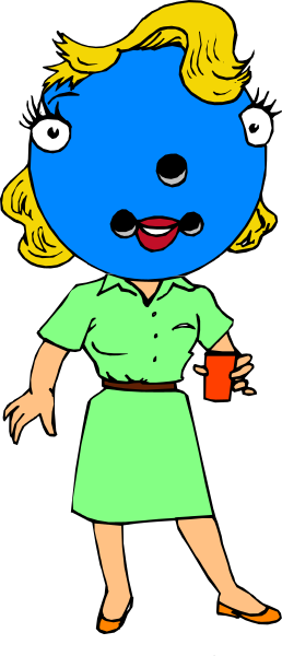 The cartoon features a woman wearing an apron standing next to a blue creature with human facial features that has taken over her body; she is holding up two fingers in front of its face as if mimicking speech, and there's no text present within this image.