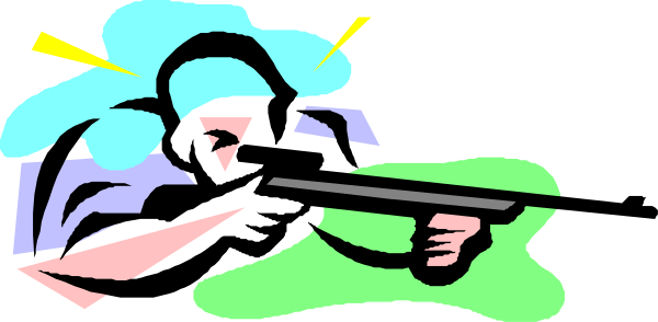 The image shows two cartoon characters shooting guns at each other with a speech bubble containing an exclamation mark between them.