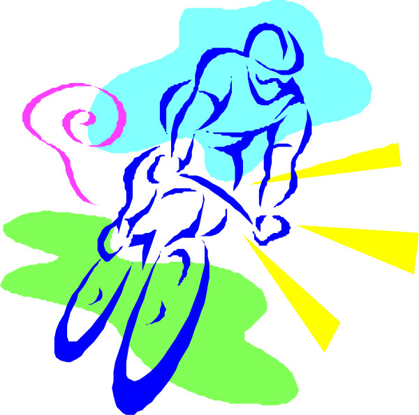 The image shows a colorful cartoon of two figures: on the left is an athlete riding a bicycle with motion lines indicating speed; to their right stands another figure who appears to be emitting light rays, possibly representing energy or power.