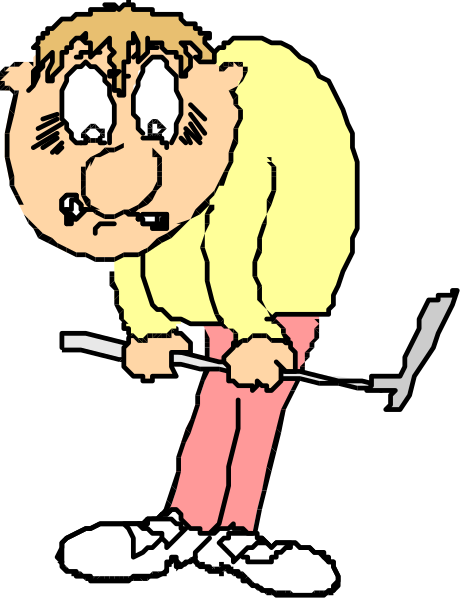 The cartoon shows a man leaning over with his hands on knees, looking down at something offscreen; he is wearing red pants and holding what appears to be golf clubs in one hand while bending forward slightly from waist level.