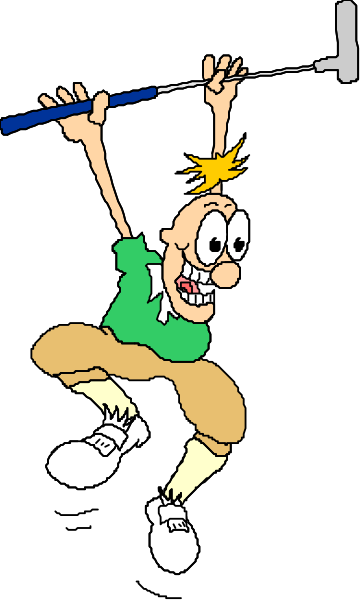 The cartoon shows a man with blonde hair holding onto his hat while swinging an object that looks like it could be a golf club at something off-screen to the right of him; he is wearing shorts and sneakers, suggesting casual attire for outdoor activity or sport.