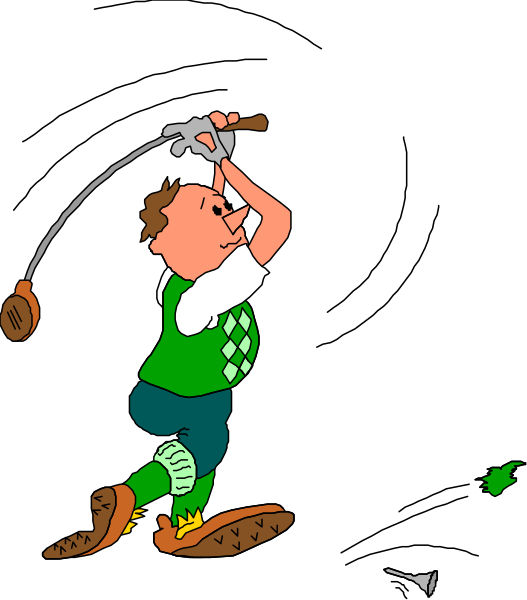 The cartoon depicts a man playing golf with clubs; he's wearing green shorts and shoes while holding his club in one hand over shoulder as if ready to swing at an unseen ball.