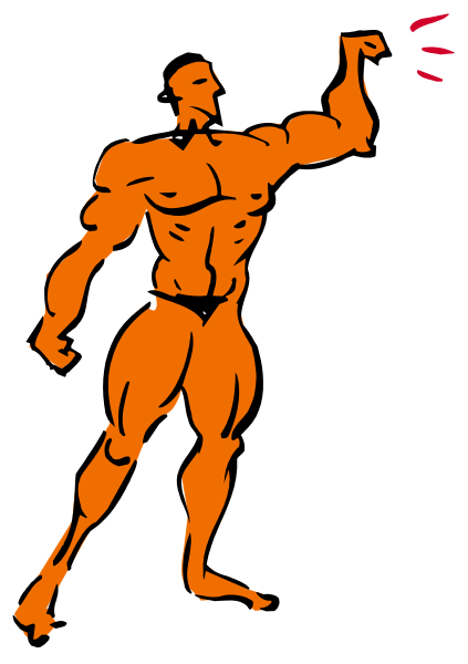 The image shows a black silhouette of an orange bodybuilder flexing his muscles with both arms raised high above him in front of a dark background.