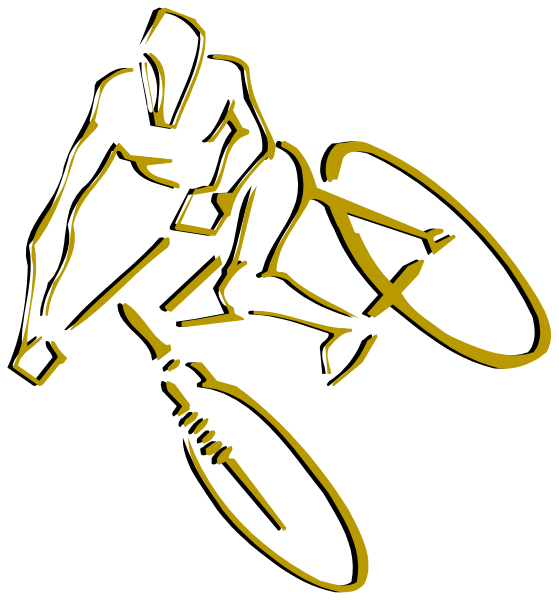 The image shows a black silhouette of an athlete on a bicycle with wheels against a white background.