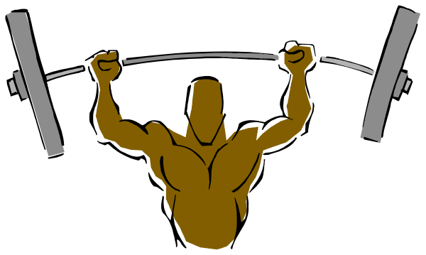 The image shows a black silhouette of an athlete lifting weights with both hands above their head against a white background.