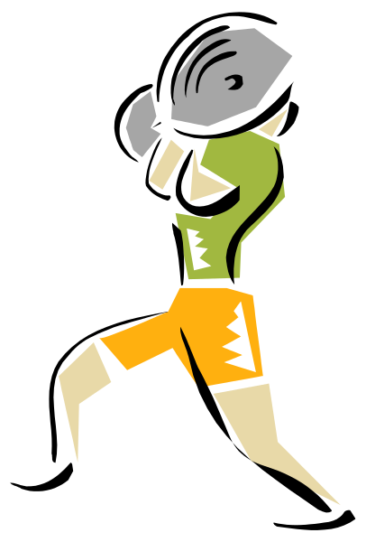 The image shows a stylized cartoon of an athlete running with their arms outstretched against a black background.