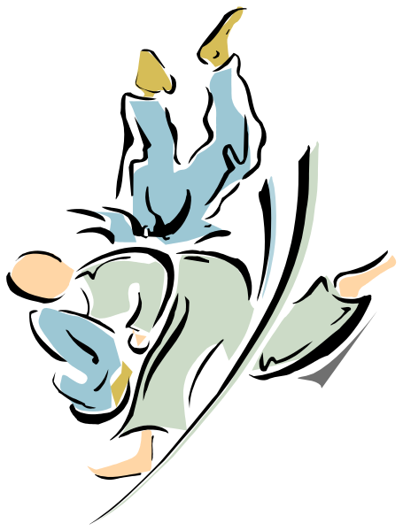 The image shows a cartoon of two martial artists engaged in combat; both characters appear to be male with distinct hairstyles: one has spiky hair while the other is balding on top but full at the sides, and their attire suggests traditional Japanese karate or judo uniforms. They are depicted mid-action during a fight, which includes dynamic poses such as kicks and punches; there's no visible text in this image to provide additional context about characters or setting beyond what is visually apparent from the illustration itself.