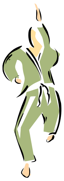 The image shows a cartoon of an animated person dressed as Bruce Lee performing martial arts moves with their arms outstretched in front of them against a black background.