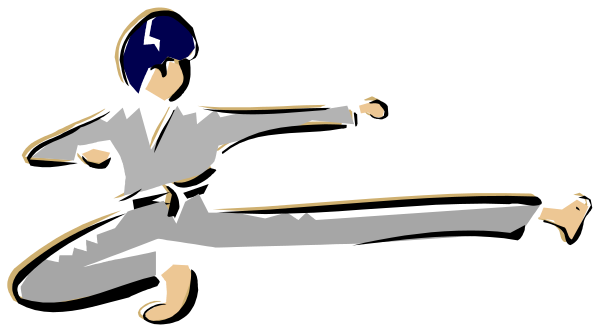 The image shows two animated characters engaged in a martial arts pose with their hands on each other's hips while standing side by side against a black background; there is no text present within this small clip-art illustration.
