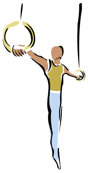 The black and white illustration shows a person performing an acrobatic pose with their arms outstretched while holding two rings in each hand against a dark background.