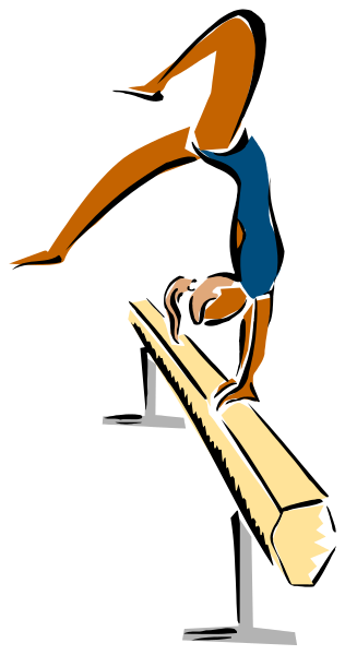 The black and white illustration shows a gymnast performing an acrobatic move on parallel bars with their hands gripping them tightly while maintaining balance during this strenuous activity in what appears to be a sports facility, possibly at home due to its small size.