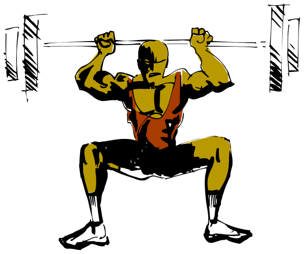 The black and white illustration shows a muscular man with his arms raised above him while sitting on an exercise bench at what appears to be a gymnasium.