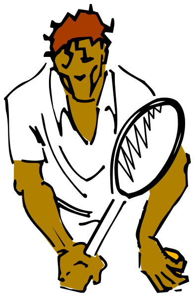 The black and white illustration shows a person crouching down with their hands on knees; it's an animated image of someone in sports attire looking upwards to the right side of frame.